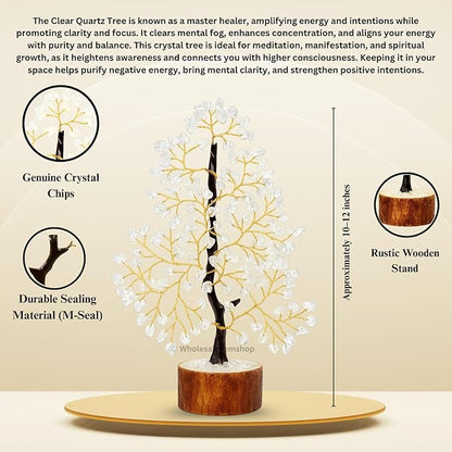 GEMSCITE Clear Quartz Crystal Tree with Golden Wire – Handmade Gemstone Bonsai for Energy Healing & Home Decor