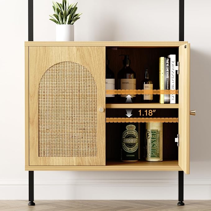 Set of 2 Tall Bookshelf with Storage, 6 Tier Ladder Bookshelf with Rattan Cabinet, Wall Mounted Bookcase with Doors & Metal Frame for Living Room, Bathroom, Home Office, Natural