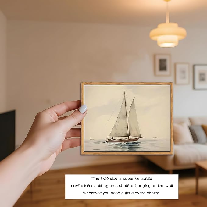 Floating Framed Canvas Wall Art, Vintage Sailboat Ocean Picture Wall Decor, White Sailboat Seascape Poster Print Painting for Living Room Bedroom Bathroom Office Home Decor 8x10 inch