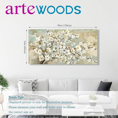 arteWOODS Flowers Canvas Wall Art - Beige Flower Branches Pictures Wall Decor Rustic Brown Botanical Painting Artwork Elegant Floral Prints for Living Room Bedroom Home Decor Ready to Hang 48 x 24in