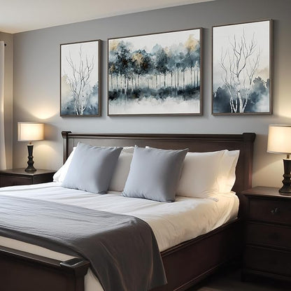 Large Framed Blue Abstract Tree Wall Art for Living Room, 3 Piece Modern Nature Gray Forest Canvas Artwork Set, Watercolor Landscape Farmhouse Art Prints for Hallway Bedroom Kitchen Home Office Decor