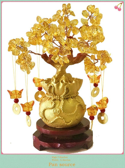 Feng Shui Citrine Money Tree and Crystal Faucet Tree - Chinese Dragon Fortune Gift (Gold)