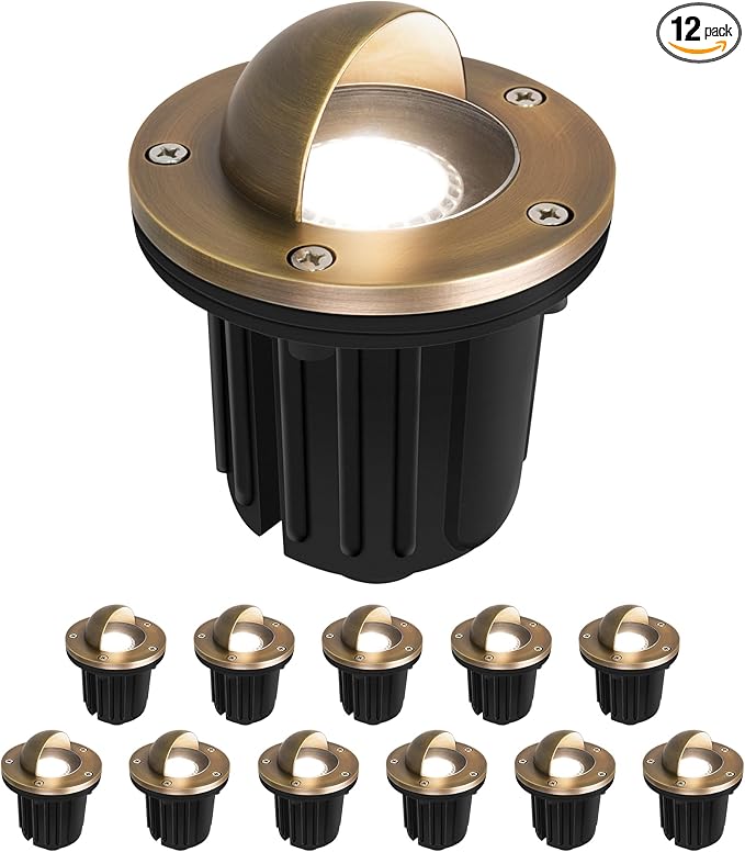 GKOLED LED Brass Well Lights, 12V In Ground Light Outdoor, IP67 Waterproof Low Voltage Landscape Lighting with MR16 Bulb and Swival Base, 5W 140LM 2700K, Up Light for Garden, Beacon Top, 12 Pack