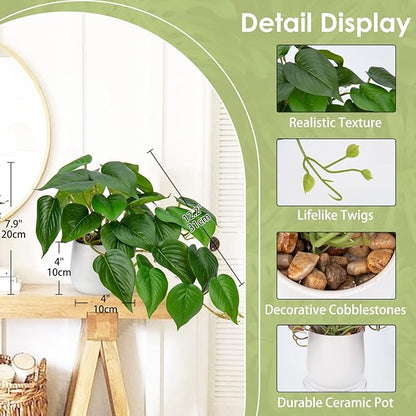 DILATATA Fake Plants Indoor 8 Inch Artificial Pothos Plant in White Ceramic Pot - Faux Potted Pothos Plant for Home Aesthetic Decor Living Room Shelf Office