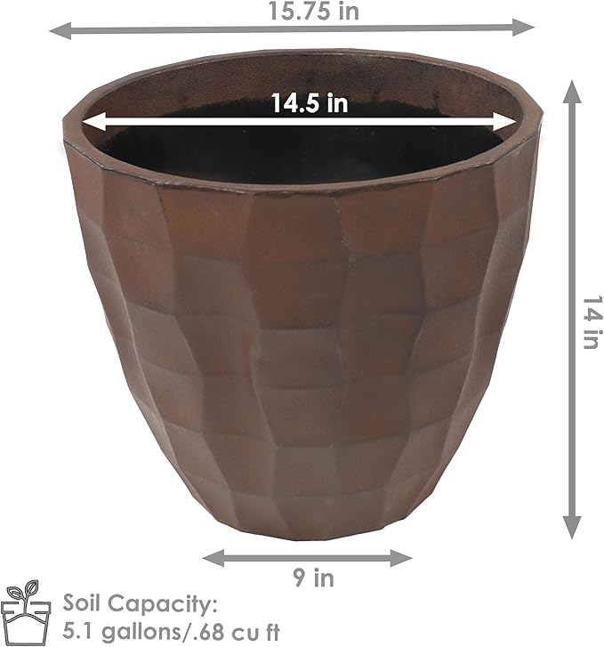 Sunnydaze Pebbled Polyresin Round Outdoor Planter - 15.75" Flower Pot for Indoor or Outdoor Use - Dark Brown - Set of 4