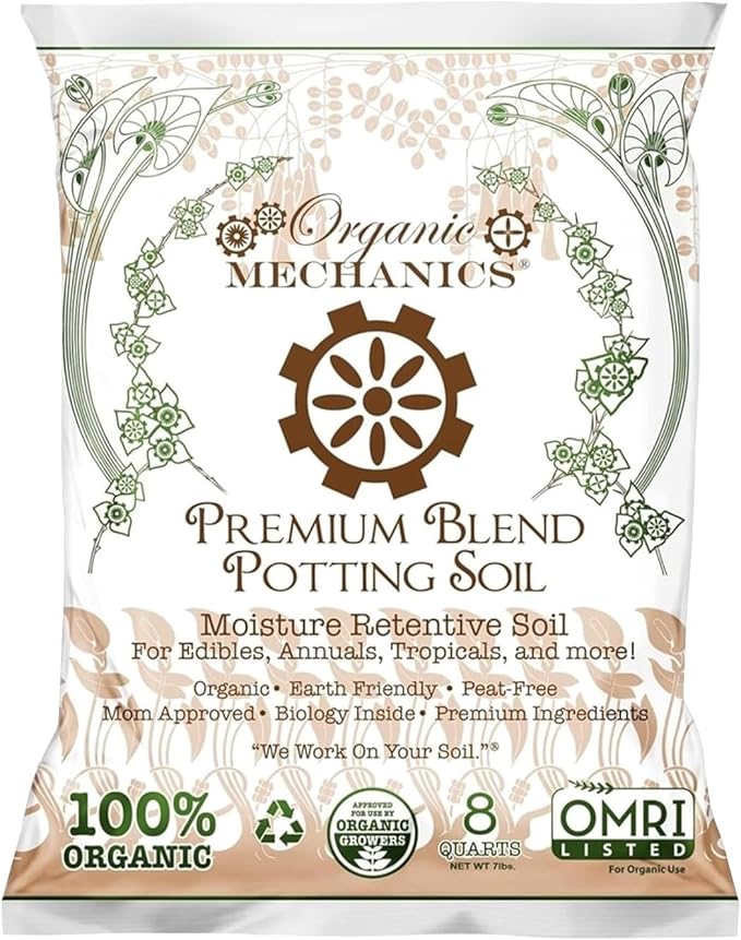 Organic Mechanics Premium Blend Potting Soil, 8 qt - Moisture-Retentive, Peat-Free, Compost - Enriched Mix with Worm Castings & Perlite for Houseplants, Annuals, Veggies & Tropical Plants