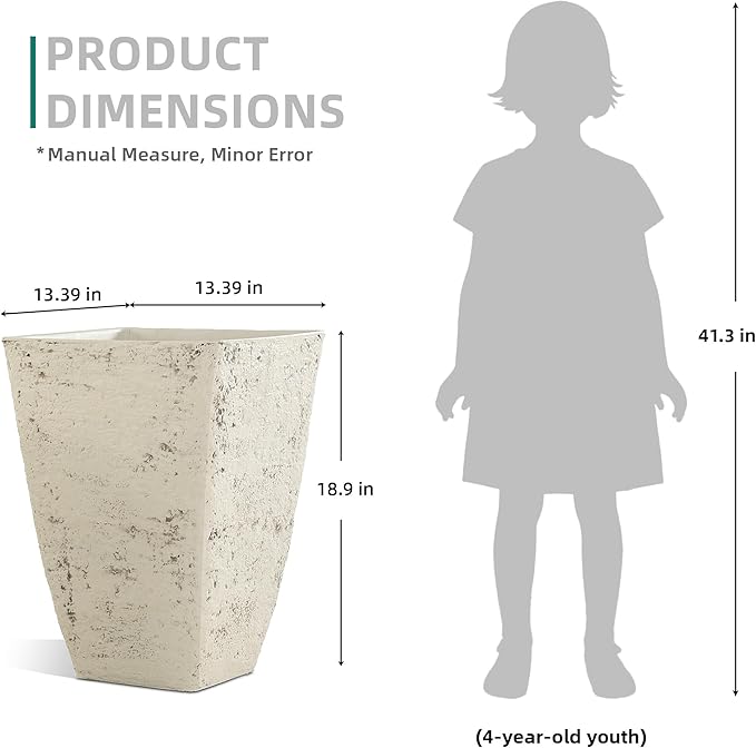 18.9" H Country White Square Planters for Outdoor Plants,Set of 2 Large Flower Pot with Drainage Hole, Weather-Resistant for Porch,Garden,Patio or Indoor Use. Ideal for Christmas Decoration