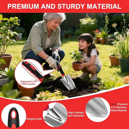 Yesker Gardening Tools 9-Piece Heavy Duty Garden Tool Set Gardening Supplies Gifts for Women Men Gardening Hand Tool Kit with Non-Slip Ergonomic Handle, Garden Bag, Durable Gloves, Spray Bottle, Red
