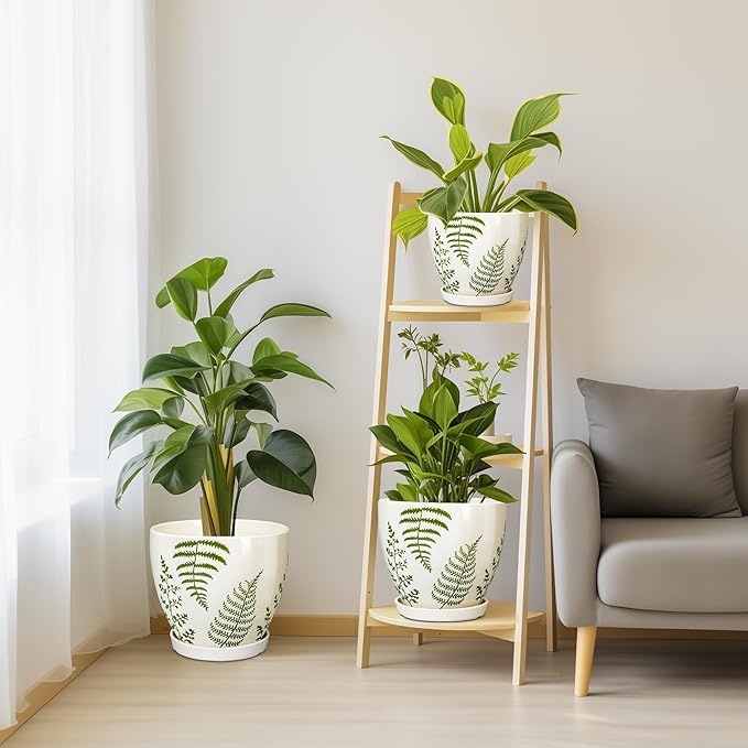 Ceramic Plant Pots Indoor - 10+8+6 Inch Ceramic Planters for Outdoor Flowers, Boho Round Decorative Flower Pots with Drainage Holes and Saucers, Plant Lover Gifts, Patio Decor, Set of 3, White