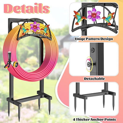 Garden Hose Holder, Heavy Duty Metal Water Hose Holders Stand with 4 Spikes, Freestanding Outdoor Water Pipe Storage Rack Hanger 150ft for Outside Yard Lawn Decor