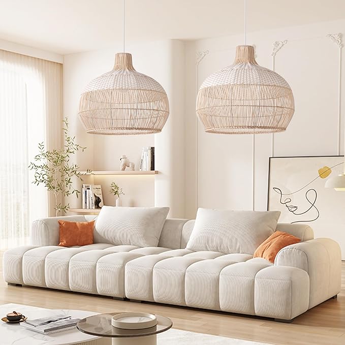Arturesthome 23.6" White Rattan Pendant Light for Kitchen Island Sink, Wicker Chandelier, Handwoven Hanging Ceiling Light Lampshade for Dining Room Bedroom