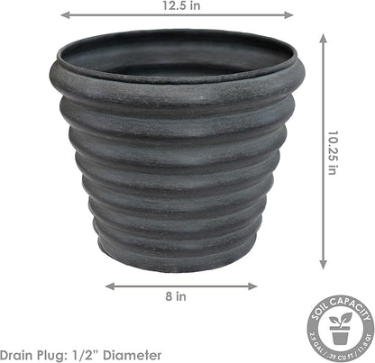 Sunnydaze Molly 12.5" Metal Outdoor Plant Pot Set with Drainage Holes and Rubber Plugs - Matte Gray - Set of 2