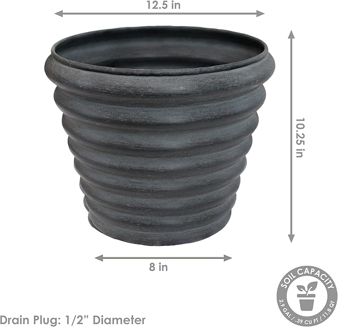 Sunnydaze Molly 12.5" Metal Outdoor Plant Pot Set with Drainage Holes and Rubber Plugs - Matte Gray - Set of 4