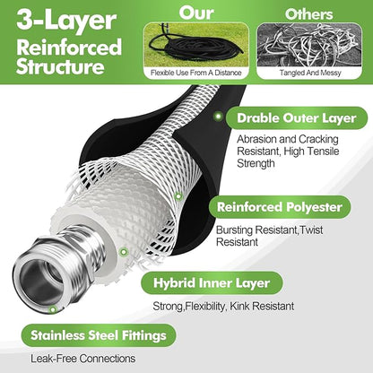 SPECILITE 5/8" Garden Hose 25 ft with High Flow Nozzle, Heavy Duty Flexible Hybrid Rubber Water Hose for Outdoor, Lightweight, Leak-Proof, No-Kink, 3/4"Stainless Steel Fittings,Black