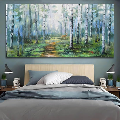Enartly Birch Tree Wall Art for Living Room, Large Wall Decor Canvas Painting Green Forest Nature Picture Scenery Artwork Textured Framed for Bedroom Hallway Home Office Decoration 58"x29"