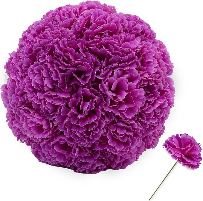 Silk Carnation Flower, 50 Artificial Flowers, Used for Wedding Decoration DIY Handmade Flowers, Carnation Flower Diameter 3.5 Inches and 6 Inches Stem (Purple)