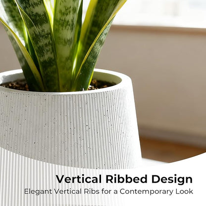 Worth Garden White Large Round Planter, 12.5" Dia x 18.5" H Lightweight Magnesium Oxide Cement Plant Pot with a Striped Textured Finish, Raised Pattern Concrete Look, Drainage Hole, Indoor & Outdoor