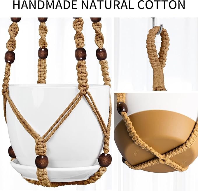 Macrame Plant Hanger - Fits 4 to 13 inches Pots for Indoor Outdoor, 35"/29"/23" Different Sizes Set, Brown (POTS NOT Included)