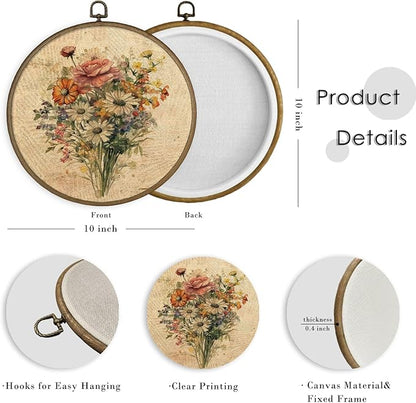 MAQIKA Vintage Floral Framed Wall Art Decor, Botanical Canvas Prints, Farmhouse Flower Round Wall Hanging, Boho Wall Art for Living Room Bedroom Kitchen, 10x10 Inch