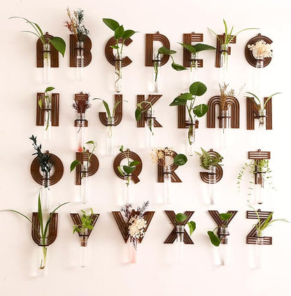 Wood Letter Wall Planter Terrariums Propagation Station with Test Tube Clear Flower Vase for Hydroponics Custom Vertical Garden Walnut DIY Home Decor Hanging Plant Holder Alphabet