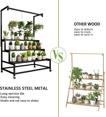 39in Large Metal Plant Stand, 4 Tier with Hanging Tall Plant pot shelf (67in), with Rollers Heavy Duty Plant Holder, for Home/Garden/living room/balcony (BLACK, 39IN)