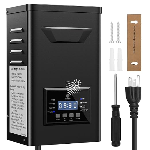 400W Low Voltage Landscape Transformer with Timer & Photocell for Landscape Lighting, 120V to 12V/14VAC, Stainless Steel, Weatherproof Smart Transformers for Outdoor Yard Lights, Path Lights