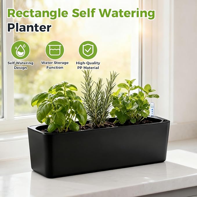 2 Pack Rectangular Self Watering Planter 15.6 x 5.4 in Window Sill Planters Indoor Rectangle Planter Self Watering Pots Plastic Plant pots with Drainage Holes Black Flower Pot (Black)