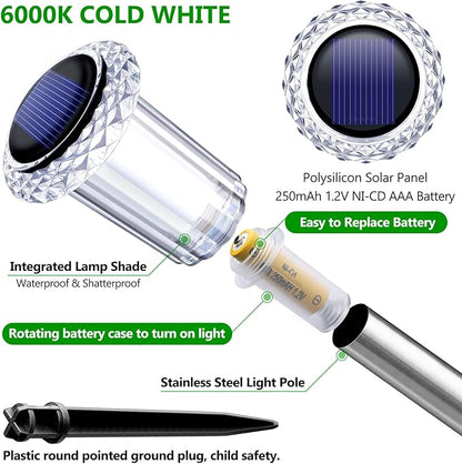 DenicMic Solar Lights Outdoor 10 Pack Waterproof Solar Christmas Lights Outdoor 6000K Cold White LED Stainless Steel Stake for Pathway Yard Garden Driveway Outside Decor