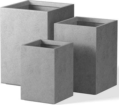 Kante 18.5",15.7",12.6" H Tall Rectangular Concrete Planters Set of 3, Outdoor Indoor Lightweight Plant Pots with Drainage Hole and Rubber Plug, Modern Style for Home Garden Patio, Natural Concrete