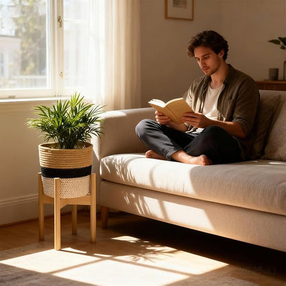 Plant Basket with Stand, Indoor Woven Basket with Bamboo Wood Stand Round Boho Planter Pot Holder Rustic Baskets for Plants and Home Decor