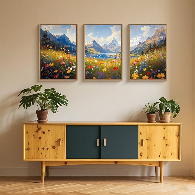 HOURIA Boho Vibrant Watercolor Wildflower & Snowy Mountain Framed Canvas Wall Art Set,Colorful Floral Landscape Decor,Modern Natural Field Scenery Artwork for Living Room,Bedroom,Farmhouse-24 x36 x3