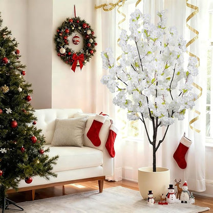 Indoor Cherry Blossoms Tree White Artificial Cherry Blossom Tree 6FT Faux Bedroom Trees for Home Christmas New Year Decor