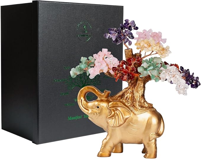 7 Chakra Crystal Money Tree on Gold Mini Elephant Statue, 10”Gemstone Bonsai Tree of Life Home Décor Gifts for Wealth Positive Energy, Feng Shui Décor