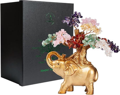 7 Chakra Crystal Money Tree on Gold Mini Elephant Statue, 10”Gemstone Bonsai Tree of Life Home Décor Gifts for Wealth Positive Energy, Feng Shui Décor