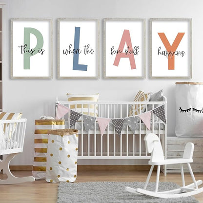 This Is Where The Fun Stuff Happens Kids Playroom Wall Art 11x16 Inch Set Of 4 Rustic Kids Wood Framed Boy Sign Toddler Modren Nursery Interesting Let's Play Prints Wall Hang Decor (White)