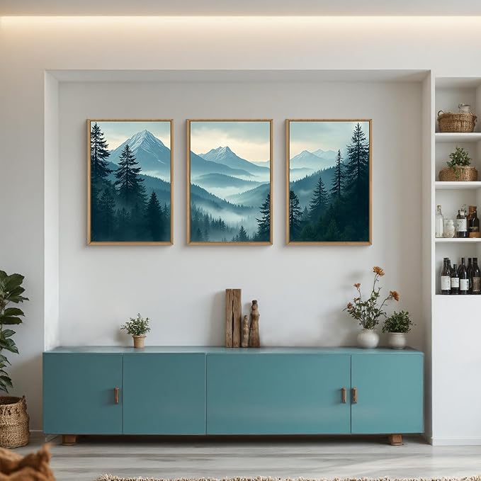 Large Misty Mountain Forest Framed Canvas Wall Art,Nature Pine Tree Wall Decor,Foggy Snow Woodland Painting,Watercolor Scenery Artwork for Living Room,Bedroom,Dining Room,Office -24"x36"x3