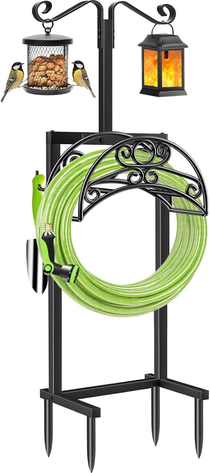 TomCare Garden Hose Holder with 2 Shepherds Hooks Upgraded Heavy Duty Water Hose Holder Holds 160 FT Hoses Freestanding Hose Reel with 2 Tool Hooks Outdoor Hoses Storage Hanger for Outside Yard, Black