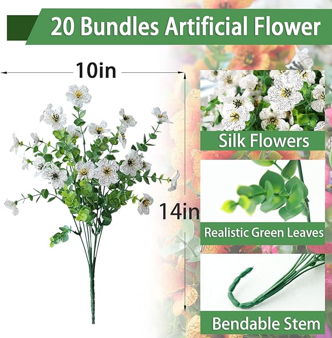 mizii Artificial Flowers for Outdoors 20 Bundles Realistic Faux Silk Flower UV Resistant Fake Plants Outside Decorations for Patio Garden Balcony Yard Porch Summer Indoor Home Decor (White)