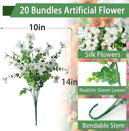mizii Artificial Flowers for Outdoors 20 Bundles Realistic Faux Silk Flower UV Resistant Fake Plants Outside Decorations for Patio Garden Balcony Yard Porch Summer Indoor Home Decor (White)