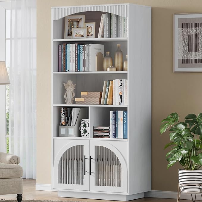 70" Tall Bookshelf with Door, White Bookshelf, 5 Tier Bookcase with Cabinet & Adjustable Shelves, 15.5" Deep Storage Shelf, Mid-Century Wood Standing Bookshelves and Bookcase for Home Office Kitchen