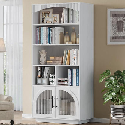 70" Tall Bookshelf with Door, White Bookshelf, 5 Tier Bookcase with Cabinet & Adjustable Shelves, 15.5" Deep Storage Shelf, Mid-Century Wood Standing Bookshelves and Bookcase for Home Office Kitchen