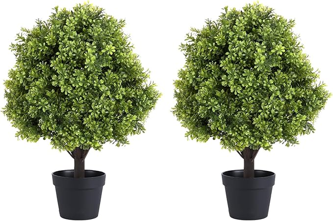 24" Faux Boxwood Plants Outdoor, Artificial Topiary Ball Trees Set of 2, UV Resistant Fake Potted Evergreen Realistic Greenery Bushes Shrubs for Outside Front Porch Planter Patio Indoor Decor 2ft Tall