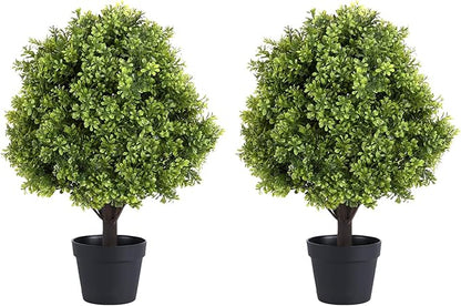 24" Faux Boxwood Plants Outdoor, Artificial Topiary Ball Trees Set of 2, UV Resistant Fake Potted Evergreen Realistic Greenery Bushes Shrubs for Outside Front Porch Planter Patio Indoor Decor 2ft Tall