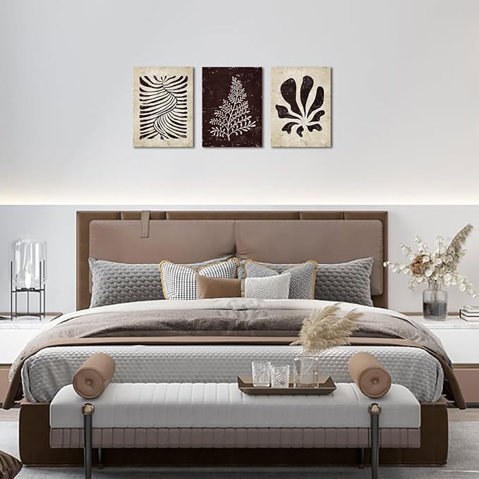AoArtWZ 3 Pieces Botanical Plant Canvas Wall Art Boho Leaves Beige and Black Painting Minimalist Artwork for Kitchen Spa Yoga Room Decor Framed 12" x 16" x 3pcs
