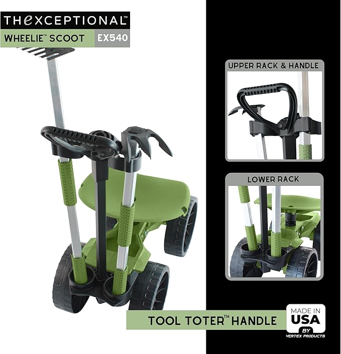 TheXceptional Wheelie with Tool Toter Handle | American Made Rolling Scoot and Tool Rack | Garden Cart with Seat | Made in USA by Vertex | Model EX540