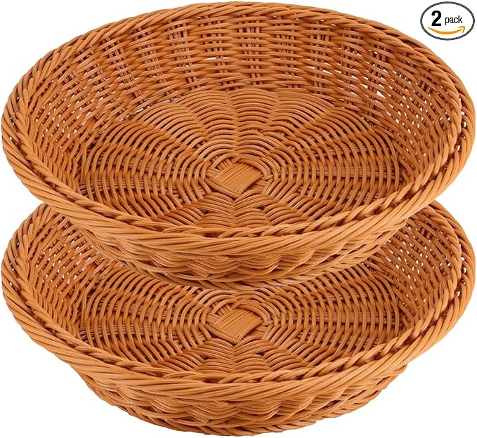 RT&BS 2pcs Round Wicker Bread Basket, Christmas Food Baskets, Eco-Friendly Sturdy Stackable Fruit Basket for Kitchen, Store, Restaurant, Party (Brown, L)