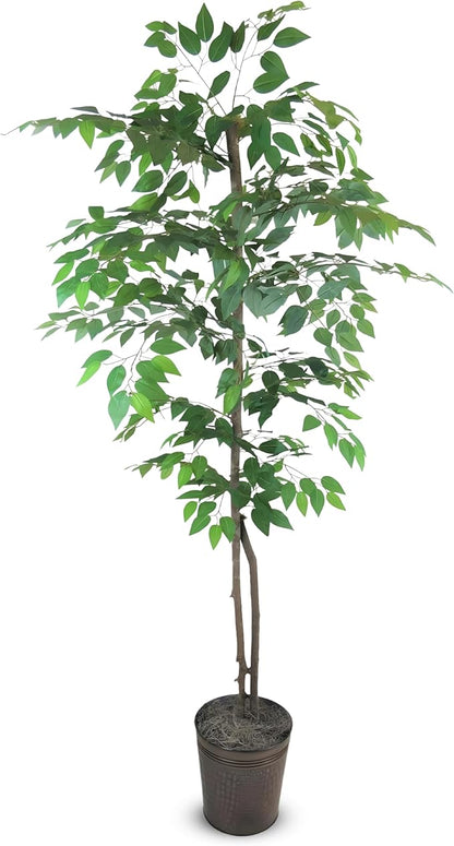6ft Artificial Ficus Tree in Copper Metal Pot with Real-Wood Trunk - Indoor and Outdoor Faux Plants for Patio, Living Rooms, Offices & Outdoor Spaces