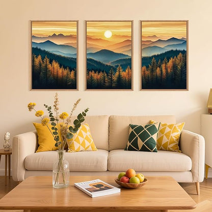 Large Boho Sunrise Mountain Framed Canvas Wall Art,Abstract Nature Forest Wall Decor,Foggy Pine Tree Painting,Retro Landscape Artwork for Living Room,Bedroom,Dining Room,Office -16"x24"x3