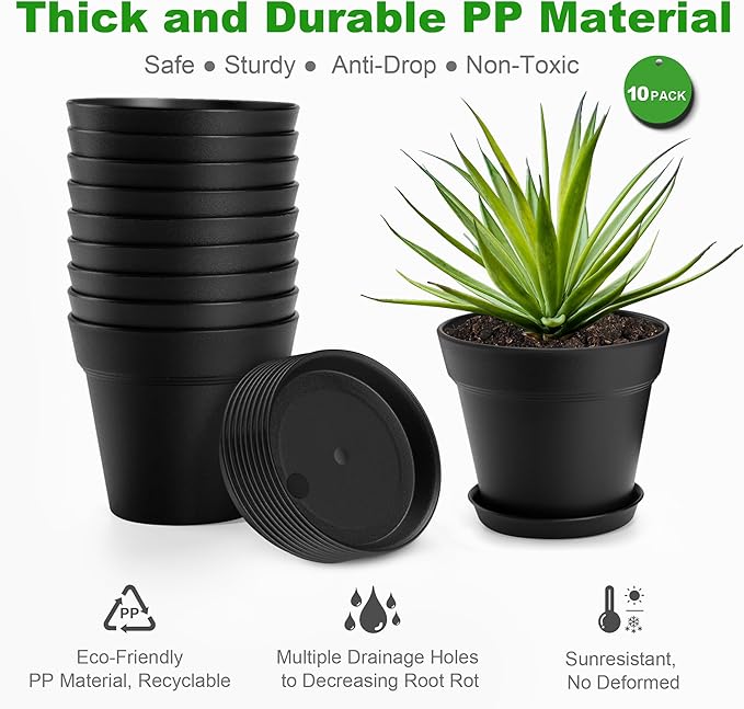10 Pack Plastic Plant Pots with Drainage Holes and Tray, 5 inch Thickened Indoor Planters Seedlings Nursery Pots for Flowers, African Violet, Succulent and All House Plants, Black