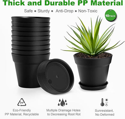 10 Pack Plastic Plant Pots with Drainage Holes and Tray, 5 inch Thickened Indoor Planters Seedlings Nursery Pots for Flowers, African Violet, Succulent and All House Plants, Black